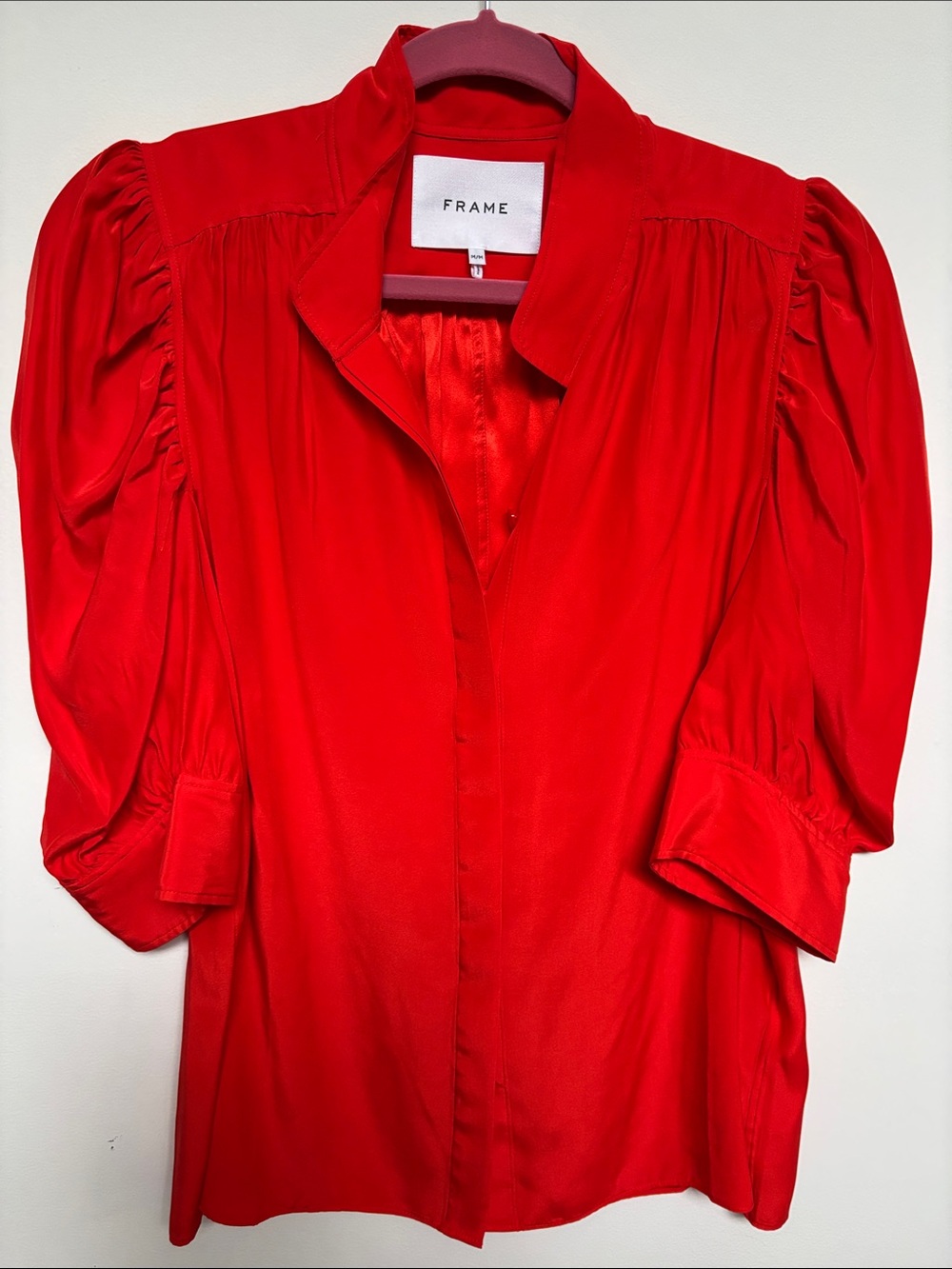 Frame Denim Vibrant Red Puff-Sleeve Button-Down Blouse